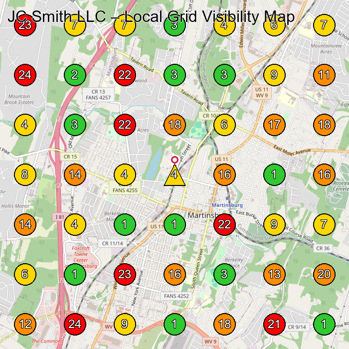JC Smith LLC Construction Company GeoGrid ranking map for Martinsburg WV